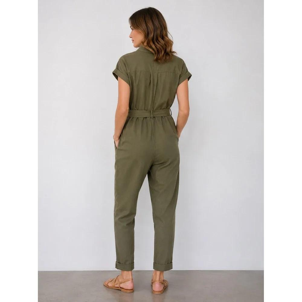 Zara Utility Jumpsuit Women L Olive Green Linen Blend Belted Short Sleeve Safari